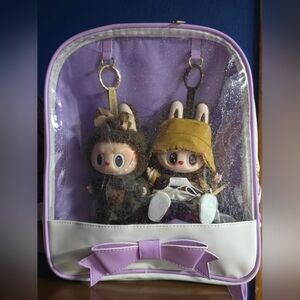 Purple and White Bow Design Clear Glitter Pocket Backpack